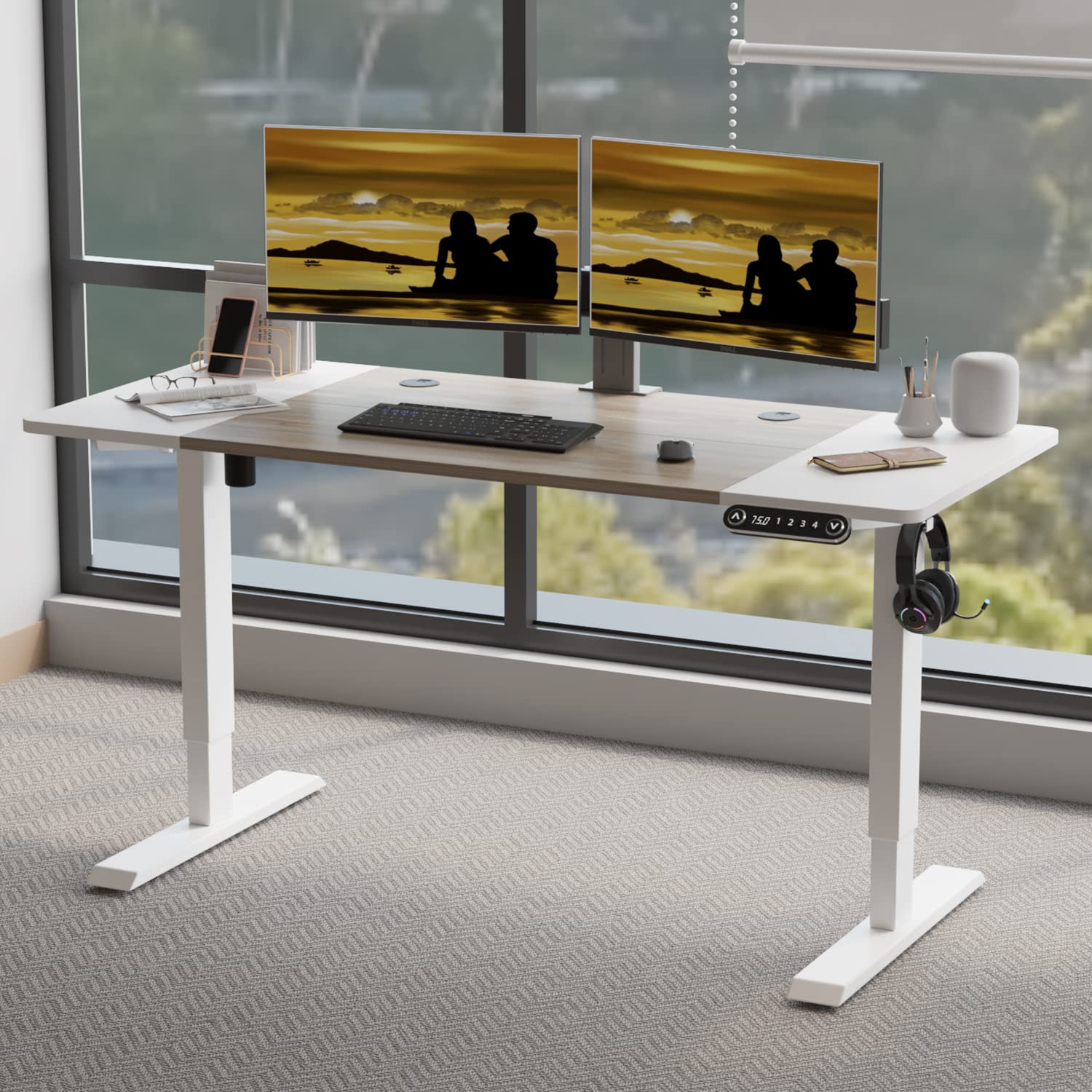 Adjustable Height Electric Standing Desk - 55 x 24 Inches Sit Stand Workstation, Ergonomic Home Office Desk with White Frame & Oak Top for Computer Work, Gaming, and Study