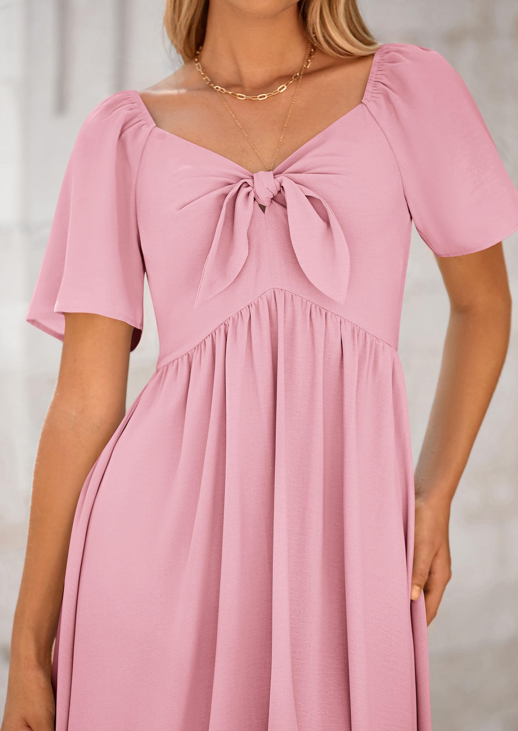 PRETTYGARDEN Women's Summer Casual Dress 2025 - Short Sleeve V-Neck Bow Tie Ruffle Midi Flowy Dress for Beach, Vacation & Daily Wear
