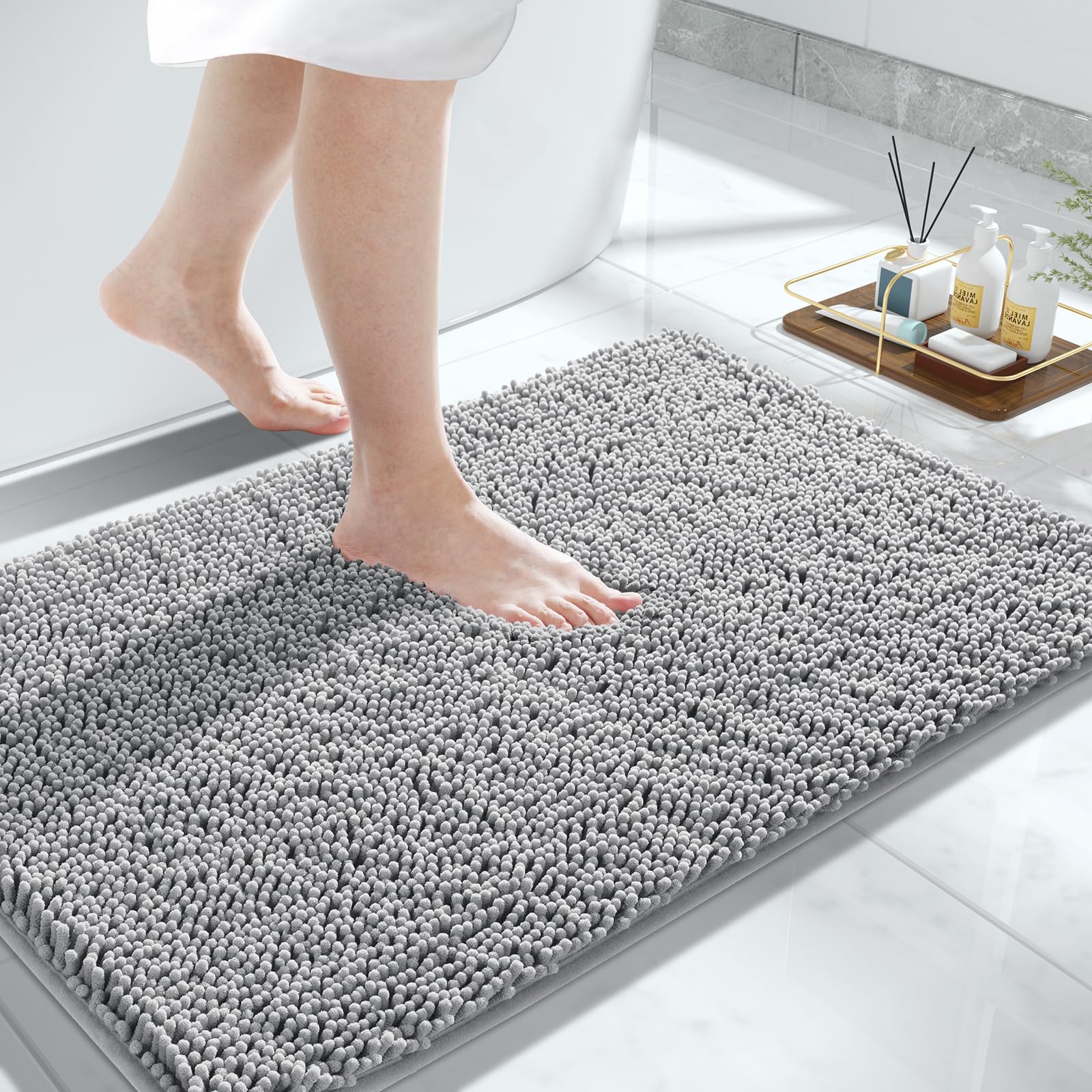Yimobra Luxury Chenille Shaggy Bathroom Rug Mat - 32''x20'' Extra Soft Thick Absorbent Non-Slip Bath Mat for Bathroom Floor, Tub & Shower - Machine Washable Grey Bath Rug - Perfect for Spa-Like Bathroom Decor & Cozy Home Comfort