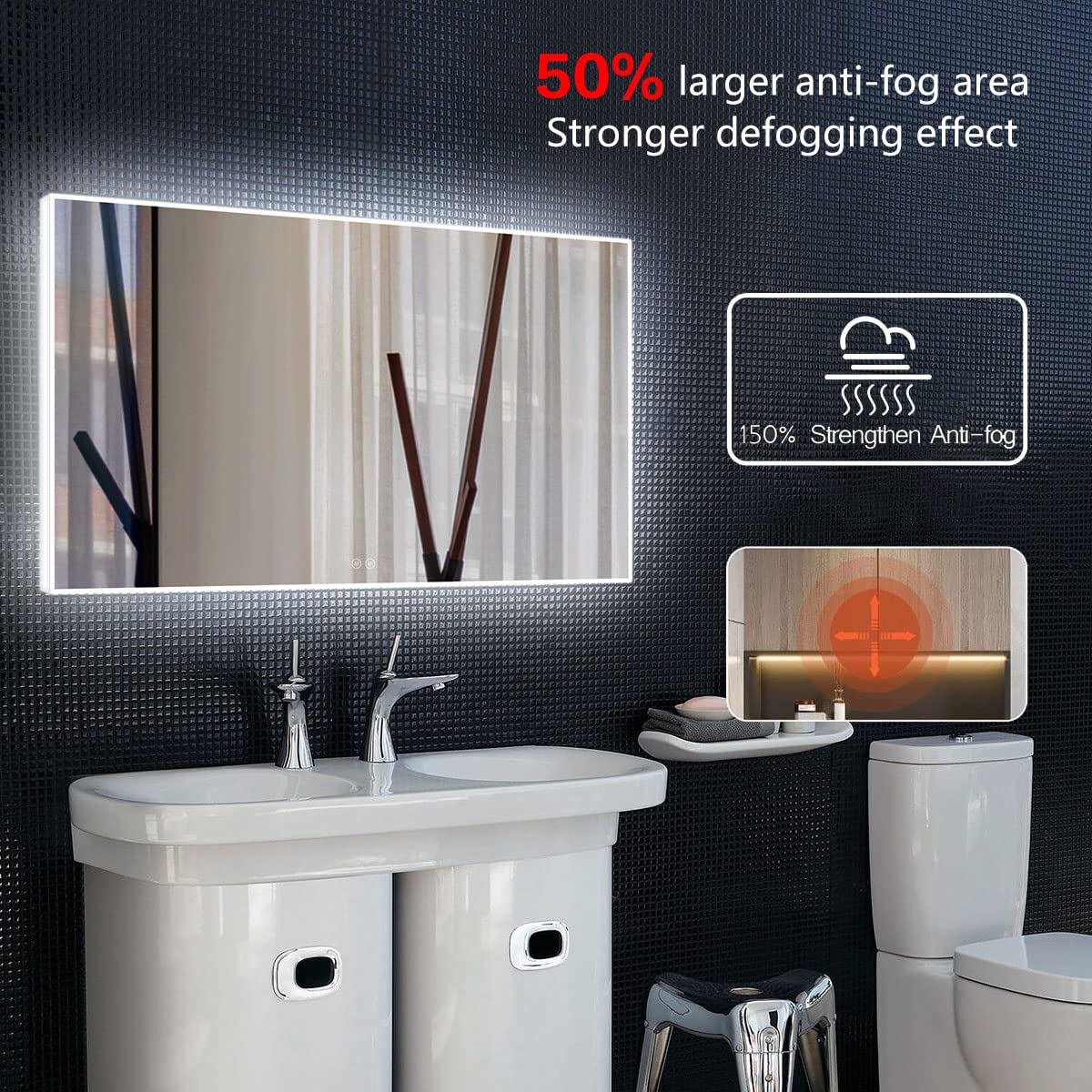 60 x 36 Inch Horizontal LED Bathroom Mirror with Touch Button - Anti-Fog, Dimmable, Vertical & Horizontal Mounting Options (E-N031-6036-TS) - Perfect for Modern Bathrooms, Vanities, and Spa-Like Home Decor