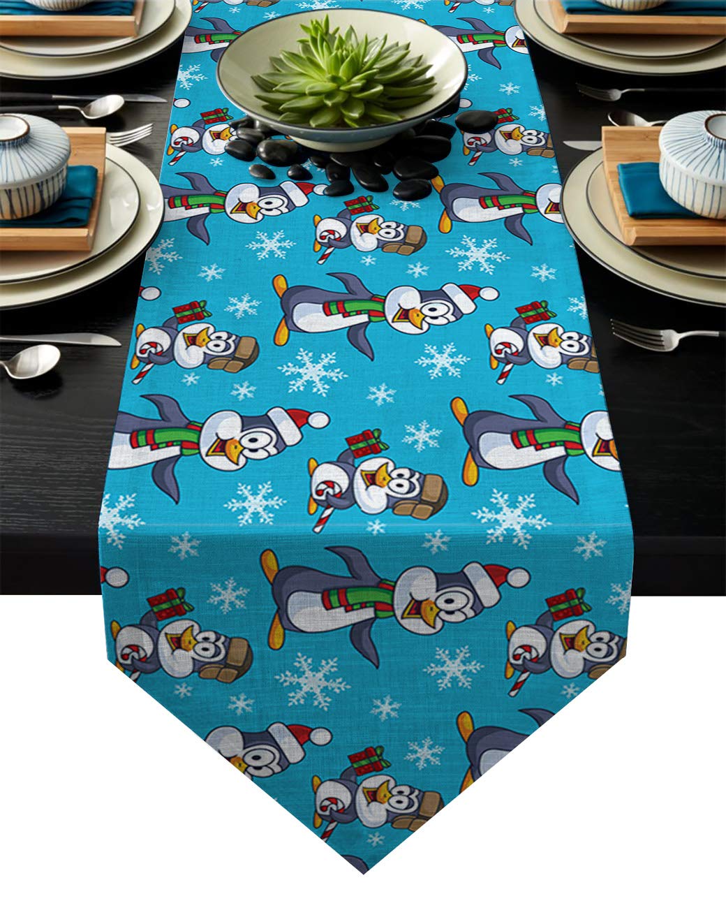 Happy Penguin Table Runner - 14x72 Inch Kitchen Decor, Wedding & Bridal Shower Tablecloth - Cute Penguin Design Cotton Table Cover for Dining Room, Party & Holiday Decorations (36x183cm)