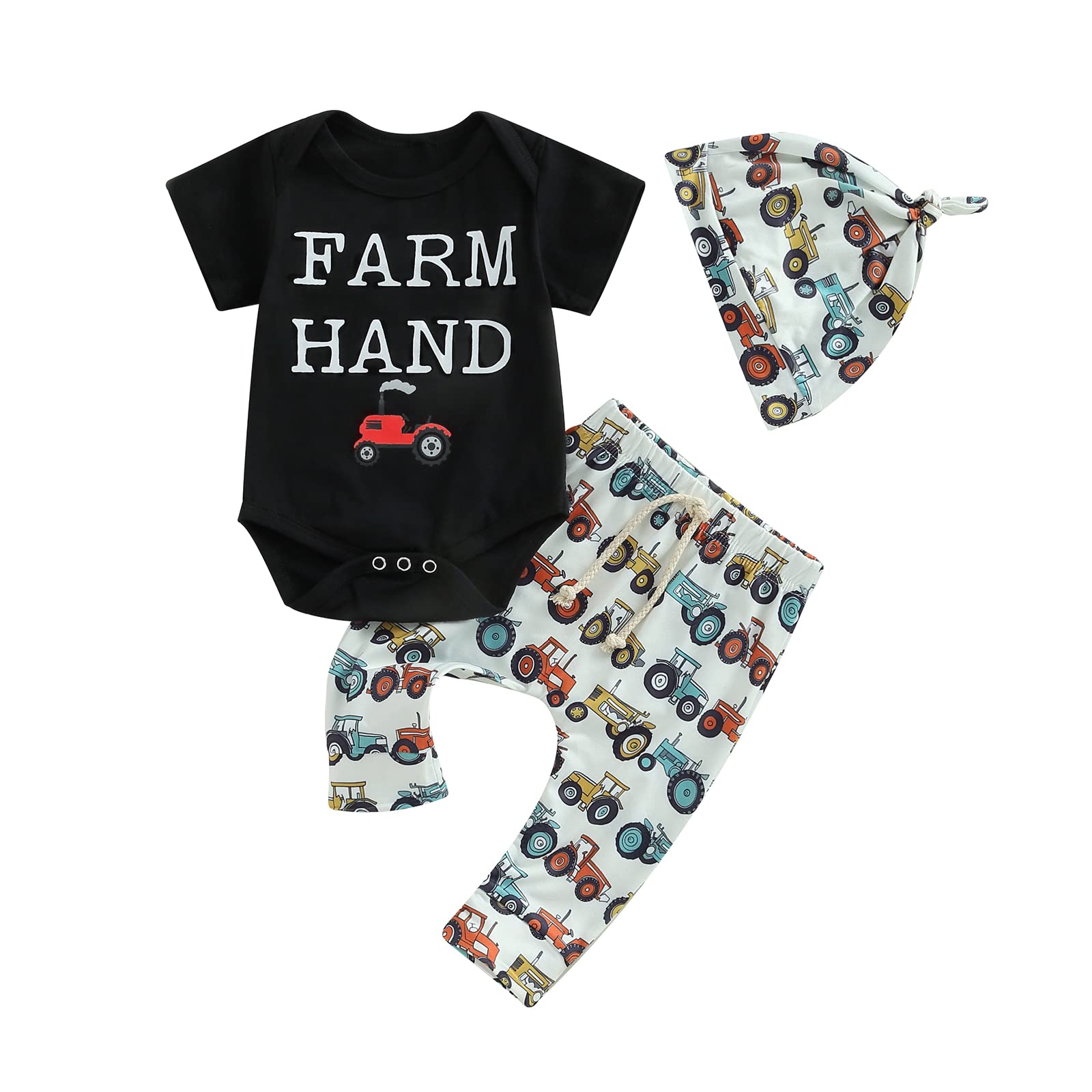 Kaipiclos Baby Boy Clothes Set - Cute Letter Print Romper with Long Pants & Hat (3PC Outfit) for Newborn 3-6 Months | Fall Winter Coming Home Outfit in Farm Baby Black | Perfect for Photoshoots, Family Gatherings & Special Occasions