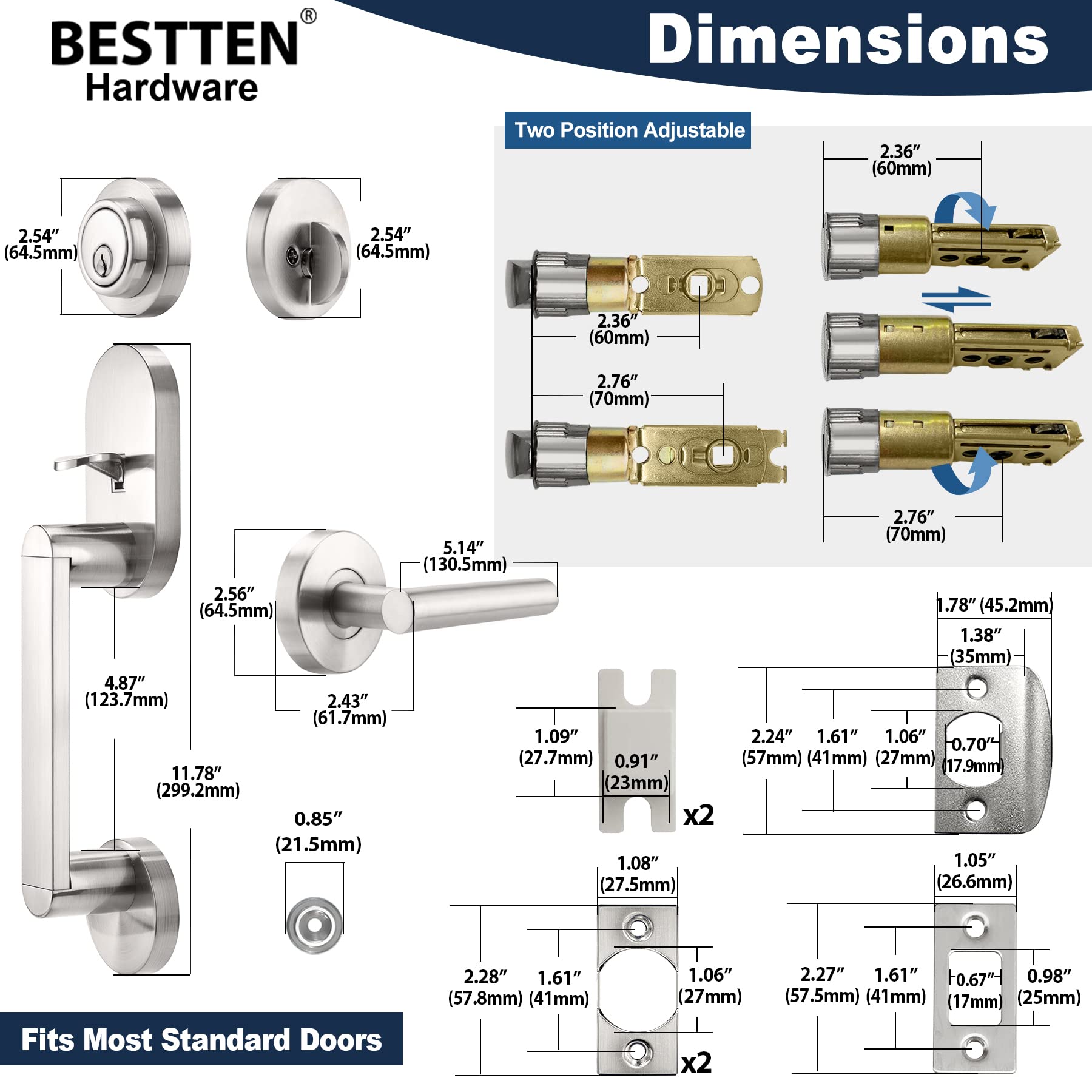 BESTTEN Heavy Duty Front Entry Door Handle Set with Single Cylinder Deadbolt Lock & Reversible Lever - Satin Nickel Finish | Secure Home & Office Door Hardware for Enhanced Safety