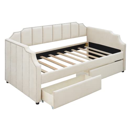 Twin Size Upholstered Daybed with Storage Drawers & Wood Slat Support - Beige Modern Sofa Bed for Guest Room, Dorm, or Small Space Living