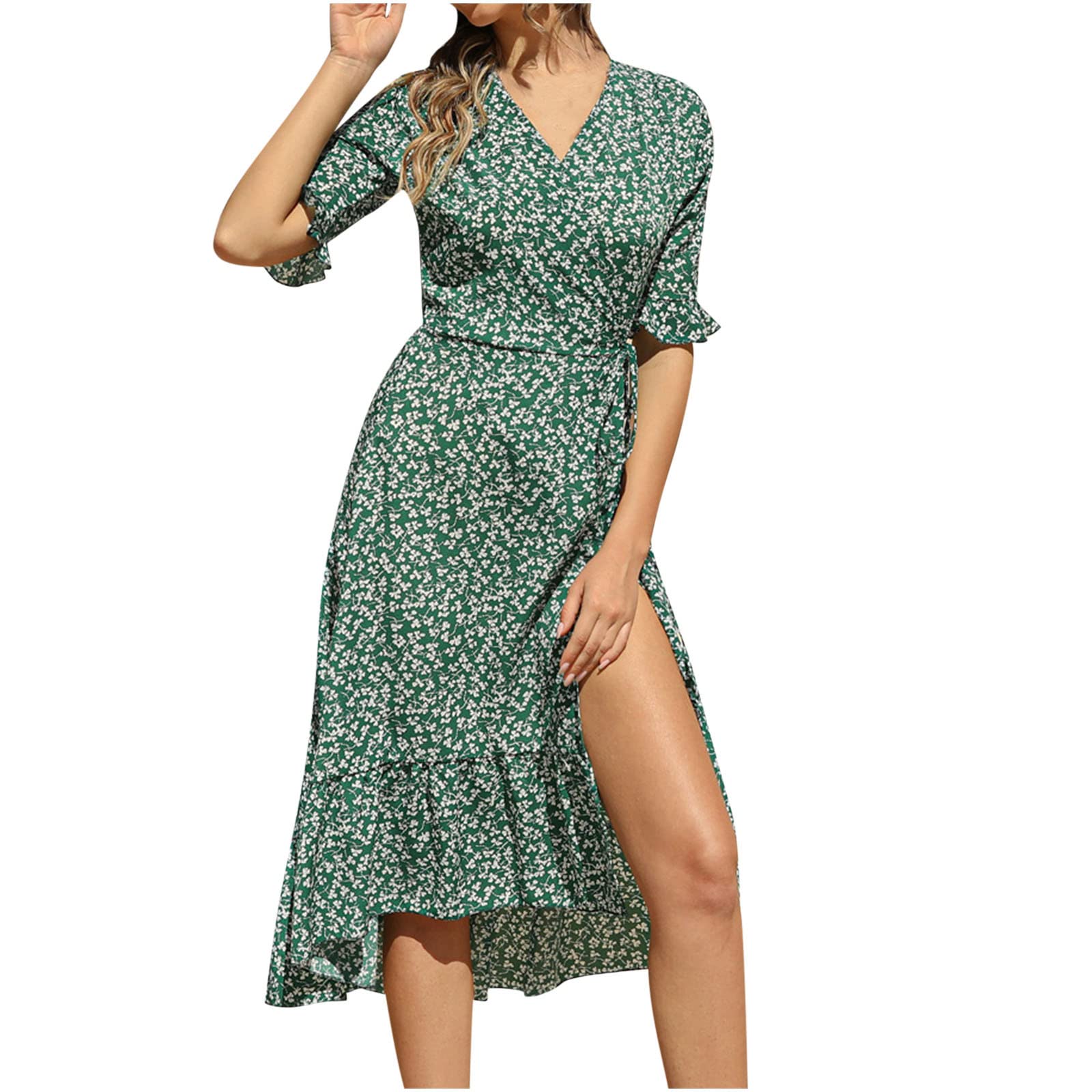 Women's Floral Chiffon Boho Summer Dress 2022 - V-Neck Short Sleeve Casual Beach Dress for Wedding Guest & Vacation | Perfect for Beach Parties, Garden Weddings, and Summer Outings