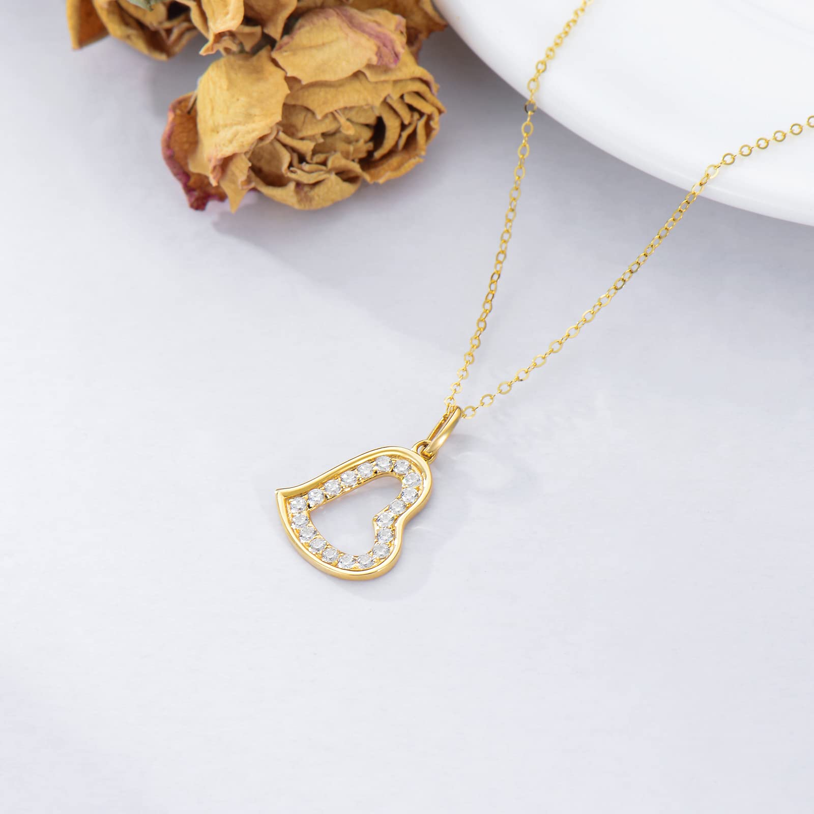 14K Solid Gold Natural Diamonds Heart Necklace for Women - Double Love Heart Pendant Jewelry Gift for Her, Wife, Mom, Girlfriend (16