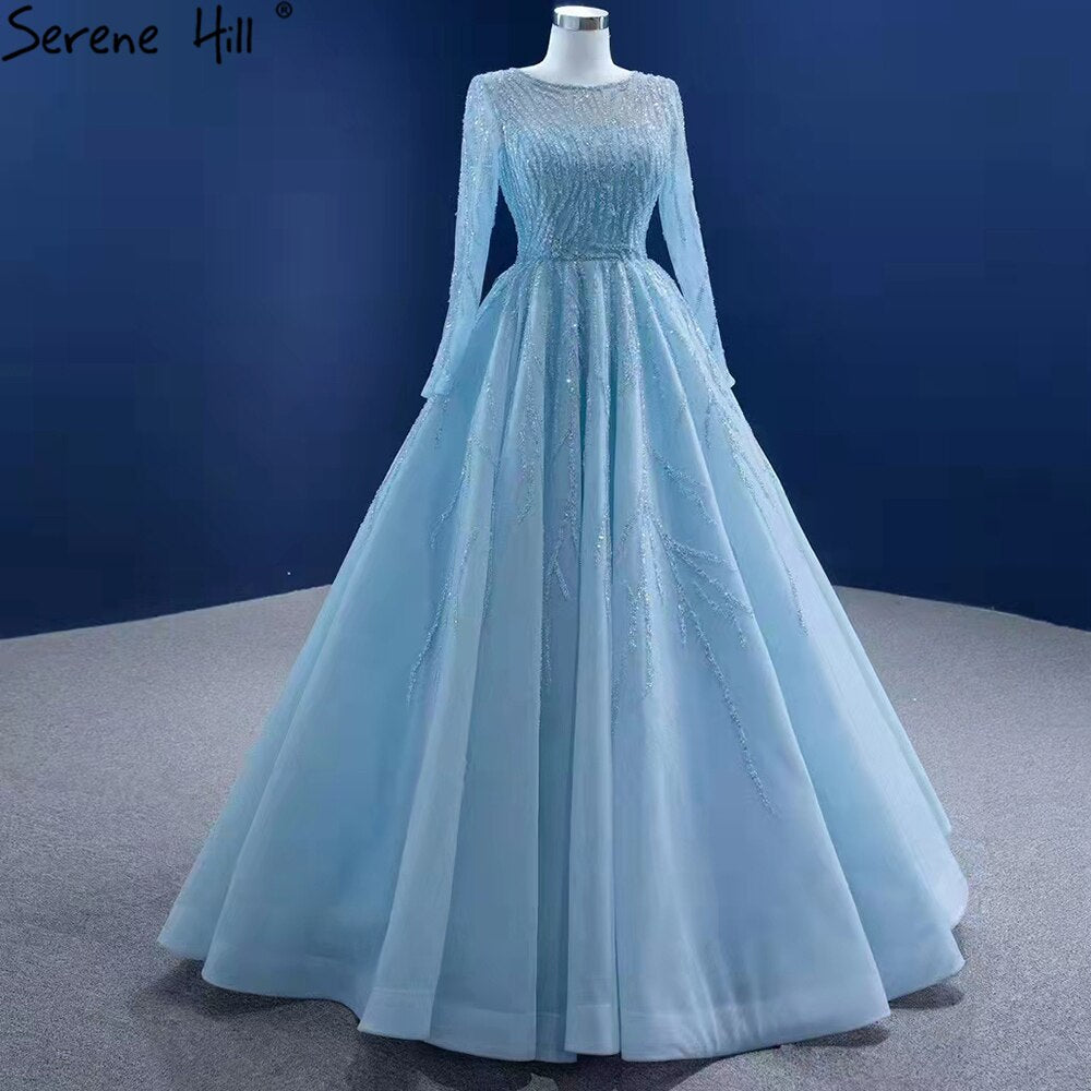 Luxury Muslim Wedding Dresses 2025 - Blue Beaded Lace Up Bridal Gown HM67395 | Custom Made High-End Islamic Bridal Wear for Formal Ceremonies & Special Occasions