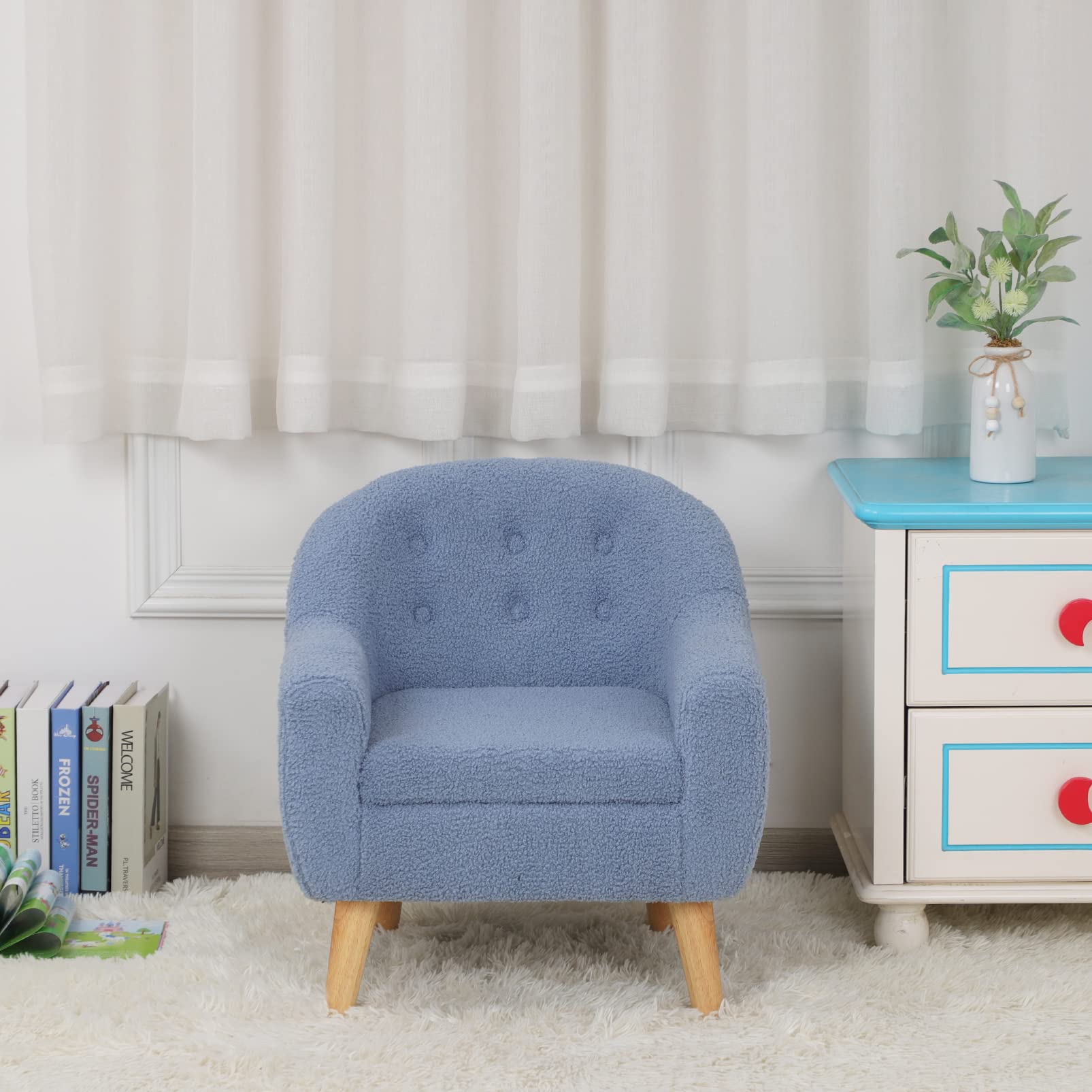 **Velvet Upholstered Kids Sofa Chair with Wooden Legs - Soft & Durable Toddler Couch for Playroom, Nursery, or Bedroom - Perfect Gift for Boys & Girls (Blue)**    *(Use Case: Ideal for reading nooks, playtime, or cozy TV watching in kids' rooms!)*
