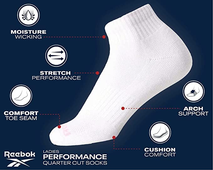 Reebok Women's Quarter Socks 12-Pack - Performance Arch Support Ankle Athletic Socks with Cushioning (Size 4-10) - Ideal for Running, Gym Workouts & Everyday Comfort