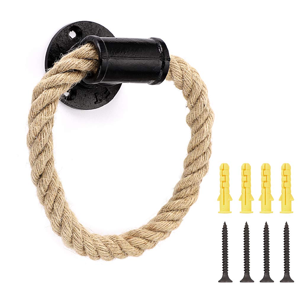 Vintage Industrial Pipe Rope Towel Ring - Wall Mounted Metal Towel Rack with Hardware, Black Electroplated Finish - Perfect for Bathroom, Shower, Kitchen & Bedroom Decor