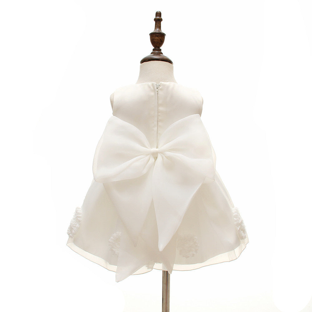 Elegant White Baptism Dresses for Baby Girls - Round Neck Formal Princess Gown with Floral Details | Perfect for Christening, Flower Girl, and Special Occasions