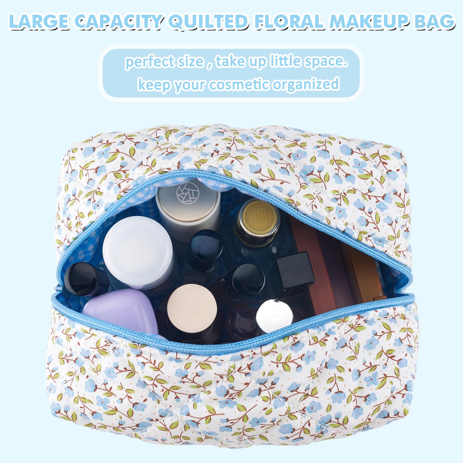 Floral Quilted Cotton Makeup Bag - Large Puffy Cosmetic Organizer for Women & Girls | Travel Toiletry Pouch with Zipper | Cute Aesthetic Storage for Cosmetics, Brushes & Essentials (Blue) - Perfect for Travel, Gym, Home & Daily Use