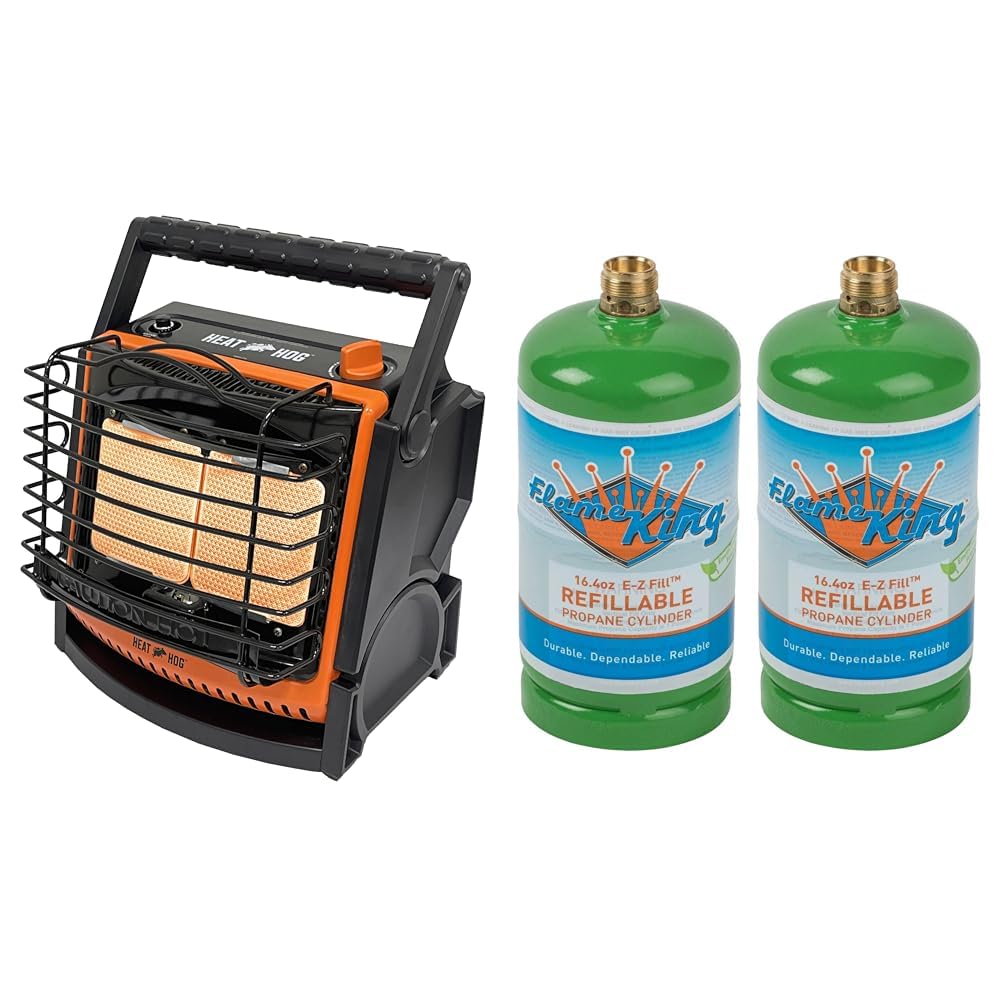 18,000 BTU Portable Propane Heater for Indoor & Outdoor Use - Garage, Camping, Patio Heating | Compatible with Flame King Refillable 1LB Propane Tank - Safe & Legal Reusable Cylinder for Backyard, Workshop & Emergency Heating