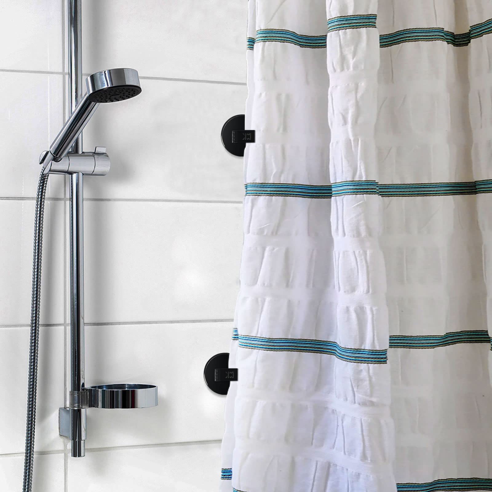 Windproof Shower Curtain Clips - Mate Leon Self-Adhesive Splash Guard Clips for Bathroom (Black, 6 Pack) - Prevent Water Leaks & Keep Floor Dry