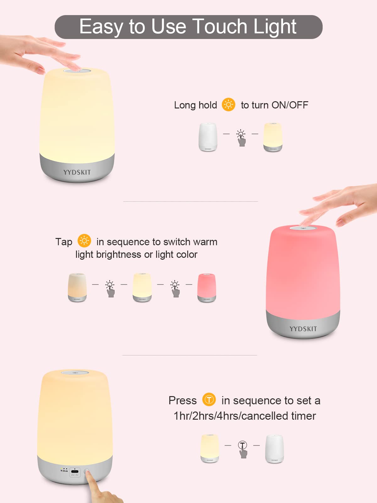 Rechargeable Baby Night Light for Kids Nursery - Portable Touch Night Lamp with 3 Timers & 200H Battery Life - Soft Warm Light for Breastfeeding, Newborn Care, Bedroom, Nursery & Travel Use