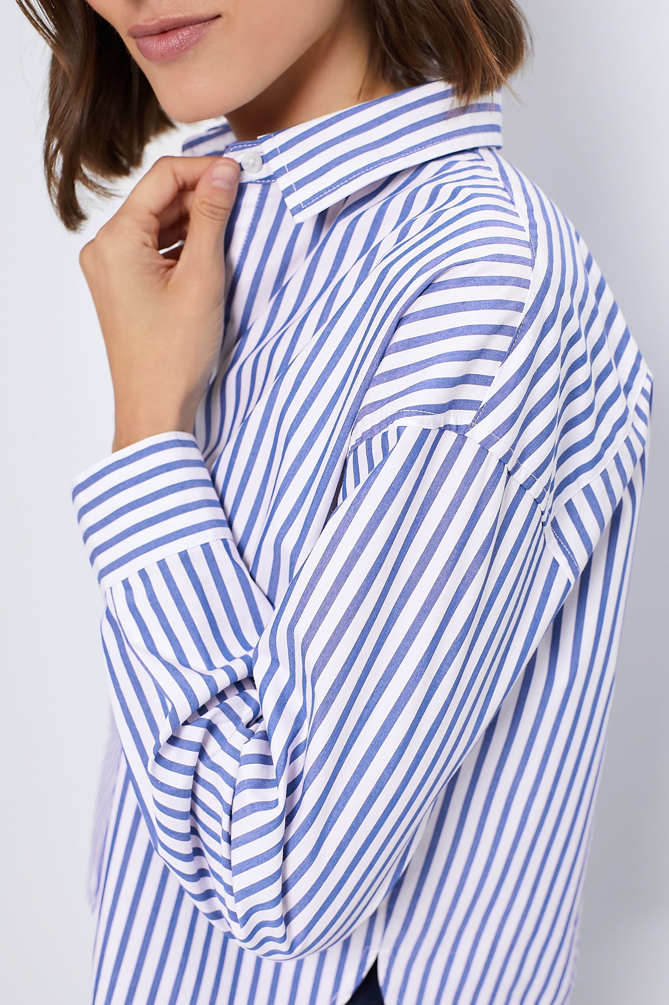 Blue Stripe Cropped Jasper Button Down Shirt for Women | Casual Office Wear & Summer Outfits | Lightweight Cotton Blouse with Short Sleeves