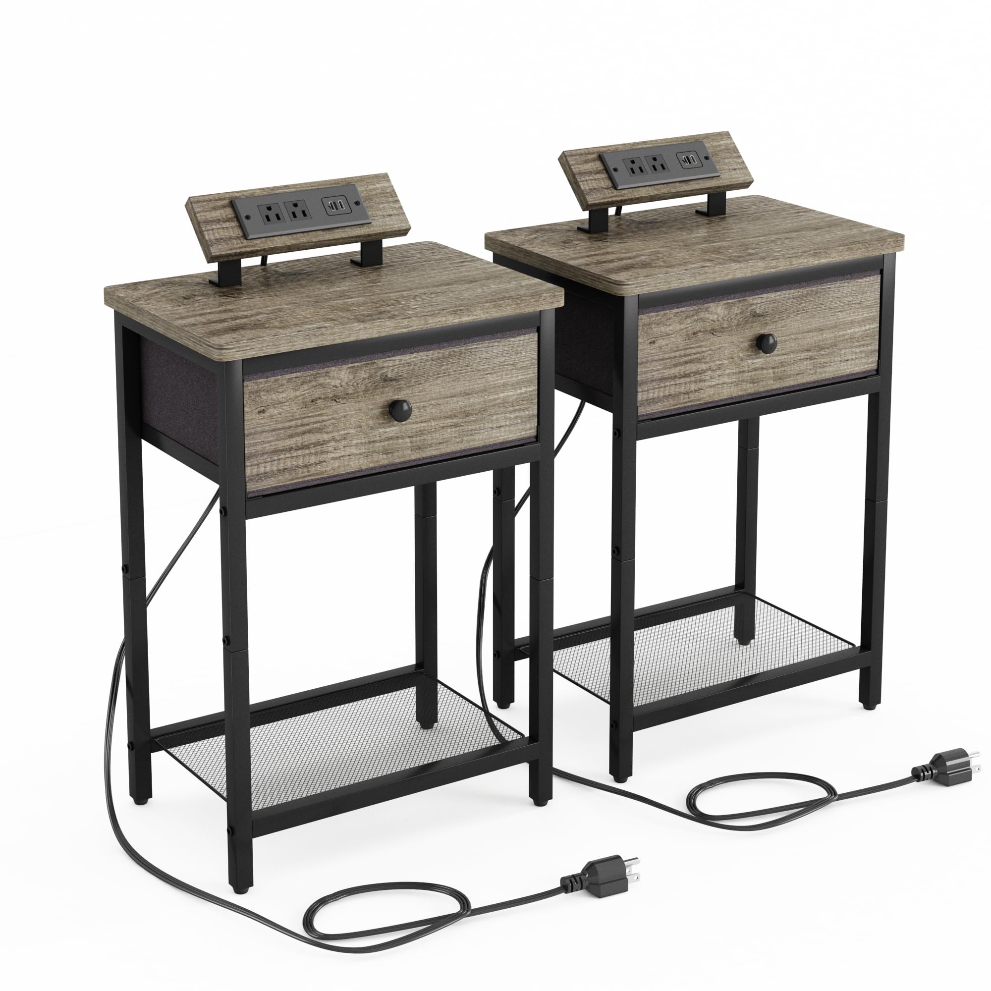 Fixwal Nightstands Set of 2 with Charging Station - USB Ports & Outlets, Bedside End Tables with Fabric Drawer for Bedroom, Living Room - Perfect for Charging Devices & Organizing Essentials (Greige)