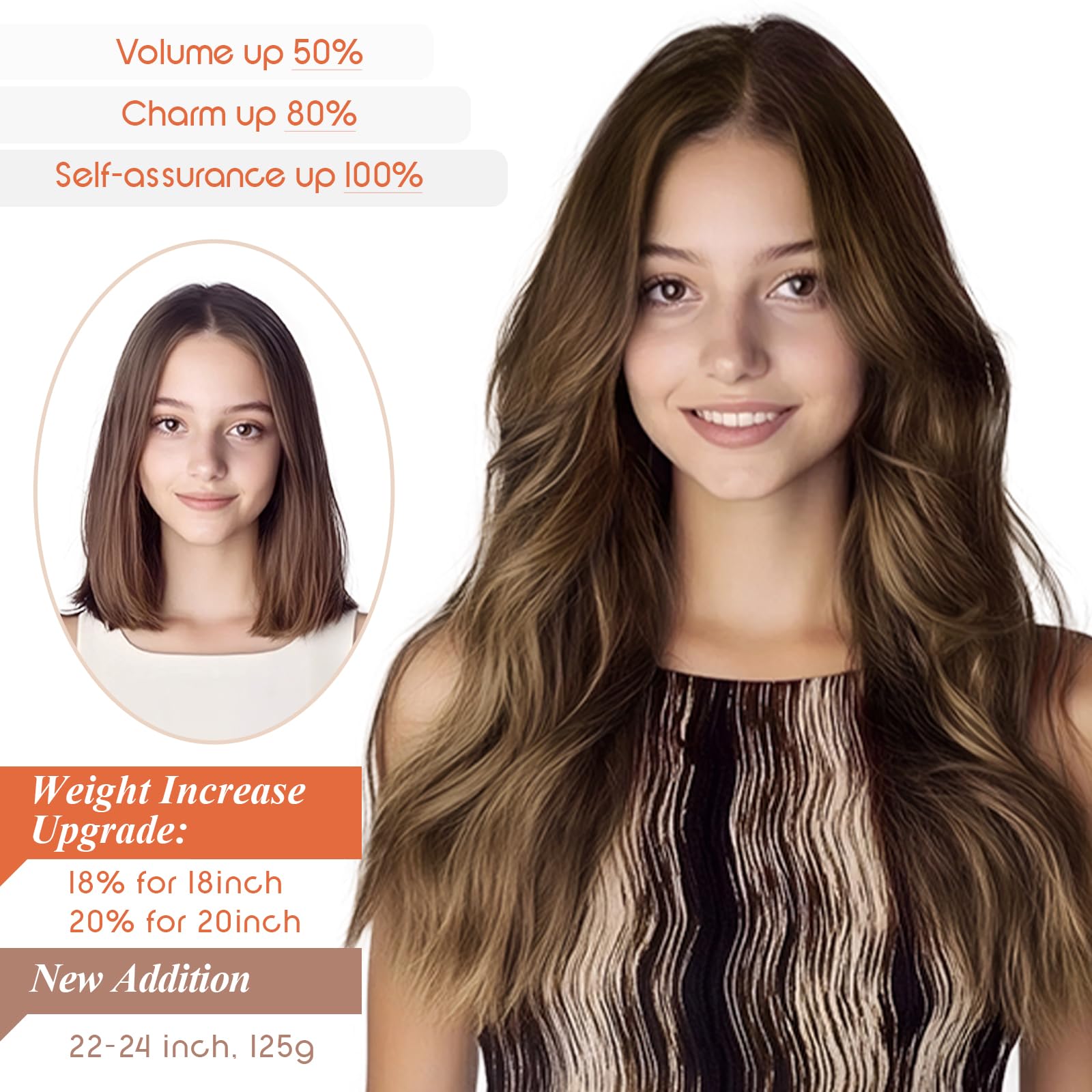 Sunny Wire Hair Extensions 20 Inch - Real Human Hair, Fish Line, Invisible Wire Extensions in Dark Brown to Caramel Blonde with Dark Brown Highlights (#4/27/4) - Perfect for Parties, Weddings & Everyday Styling