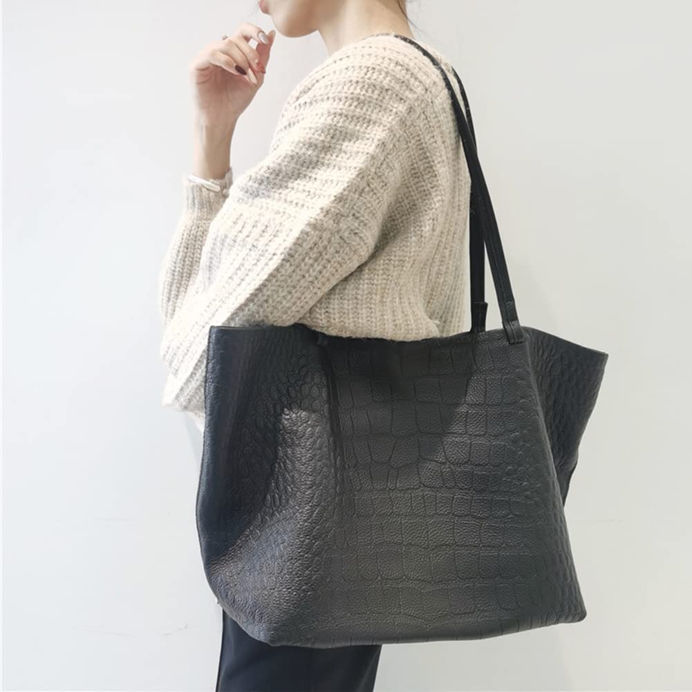Genuine Leather Tote Bag for Women - Crocodile Embossed Shoulder Purse, Soft & Spacious Satchel - Perfect for Work, Travel & Everyday Use