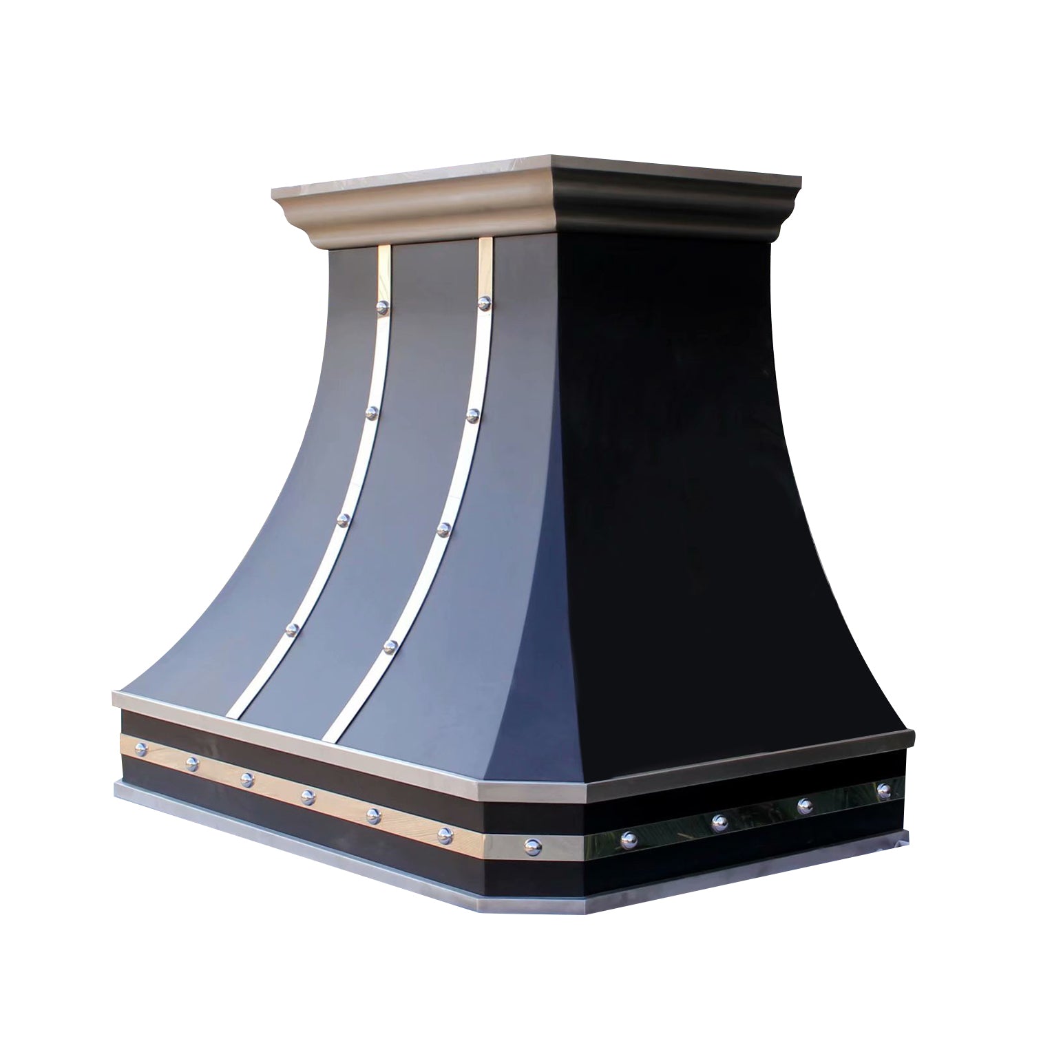 Premium Stainless Steel Custom Range Hood with Mirror Bands - RHM Sweep SH3 C2STRM for Modern Kitchen Ventilation | Commercial & Residential Use