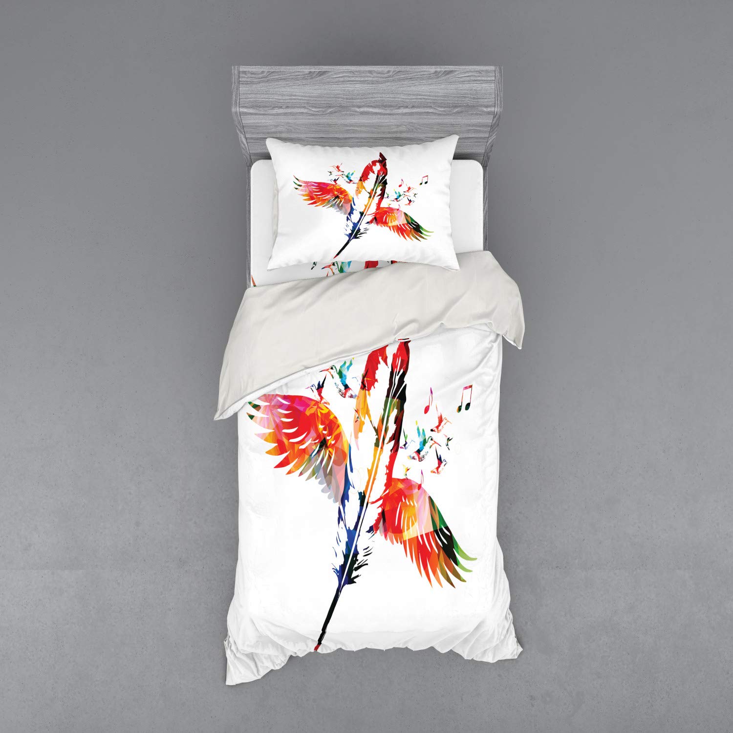 Ambesonne Feathers 3-Piece Duvet Cover Set - Twin Size, Bird Feather Design with Musical Harmony Theme, Multicolor Bedding Set with Sham & Fitted Sheet - Perfect for Bohemian Bedrooms, Guest Rooms & Dorm Decor