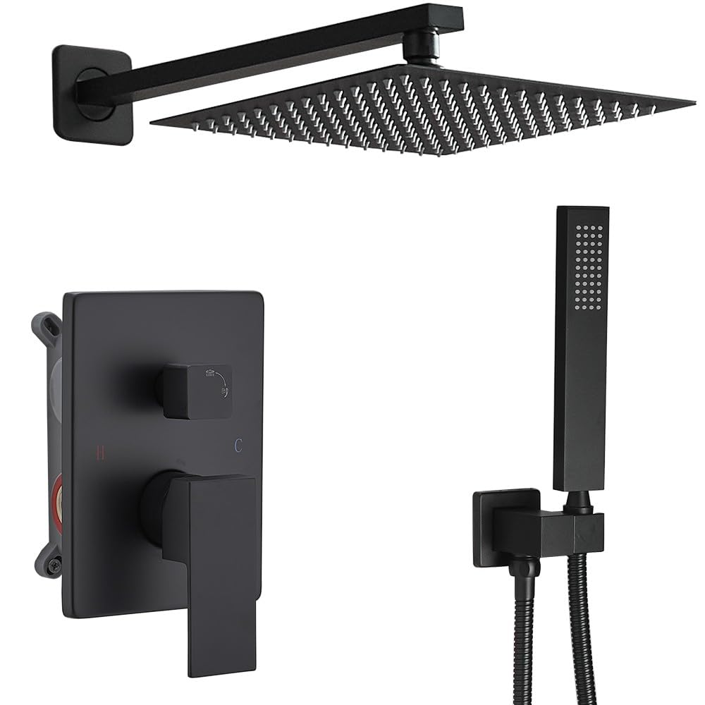 Premium Matte Black Rain Shower System - 10 Inch High Pressure Square Shower Head with Handheld Sprayer - Luxury Wall Mounted Bathroom Shower Faucet Complete Combo Kit for Modern Home Spa Experience