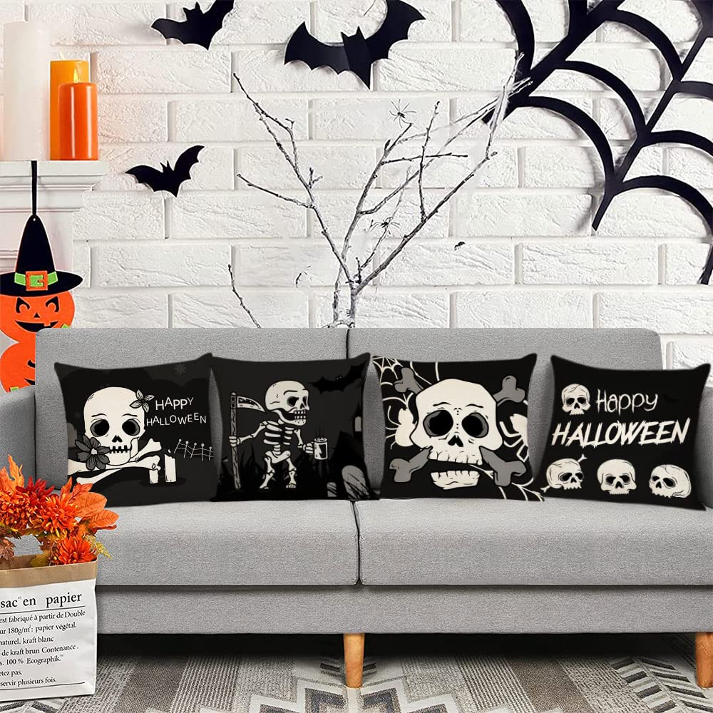 Halloween Pillow Covers 12x12 Set of 4 - Black Skeleton Ghost Throw Pillow Cases for Couch, Sofa & Outdoor Decor - Spooky Home Decorations for Halloween Party, Living Room & Porch