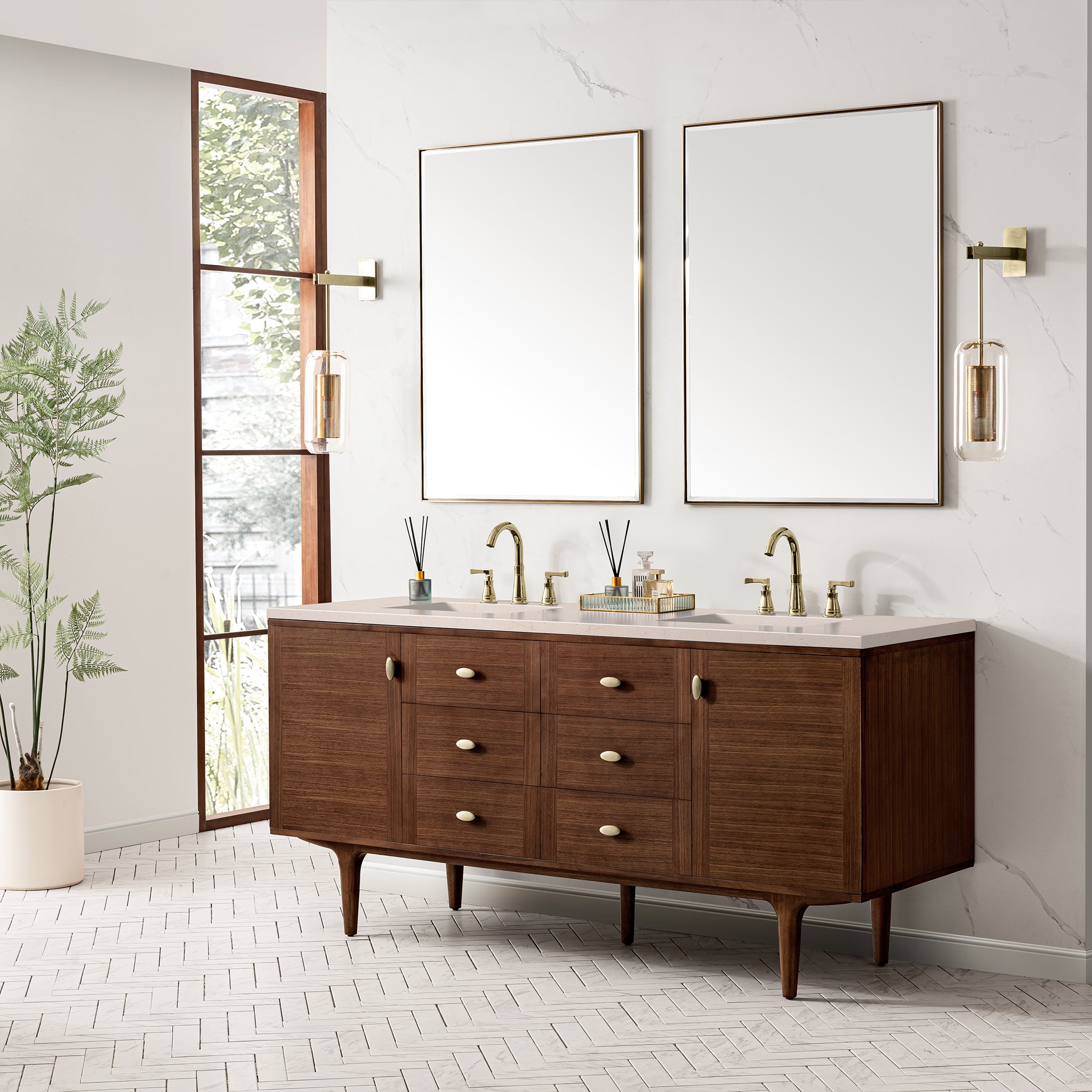 Amberly 72 Inch Double Vanity with 3CM Eternal Marfil Top - Mid Century Modern Walnut Bathroom Vanity for Master Bath & Guest Bathroom