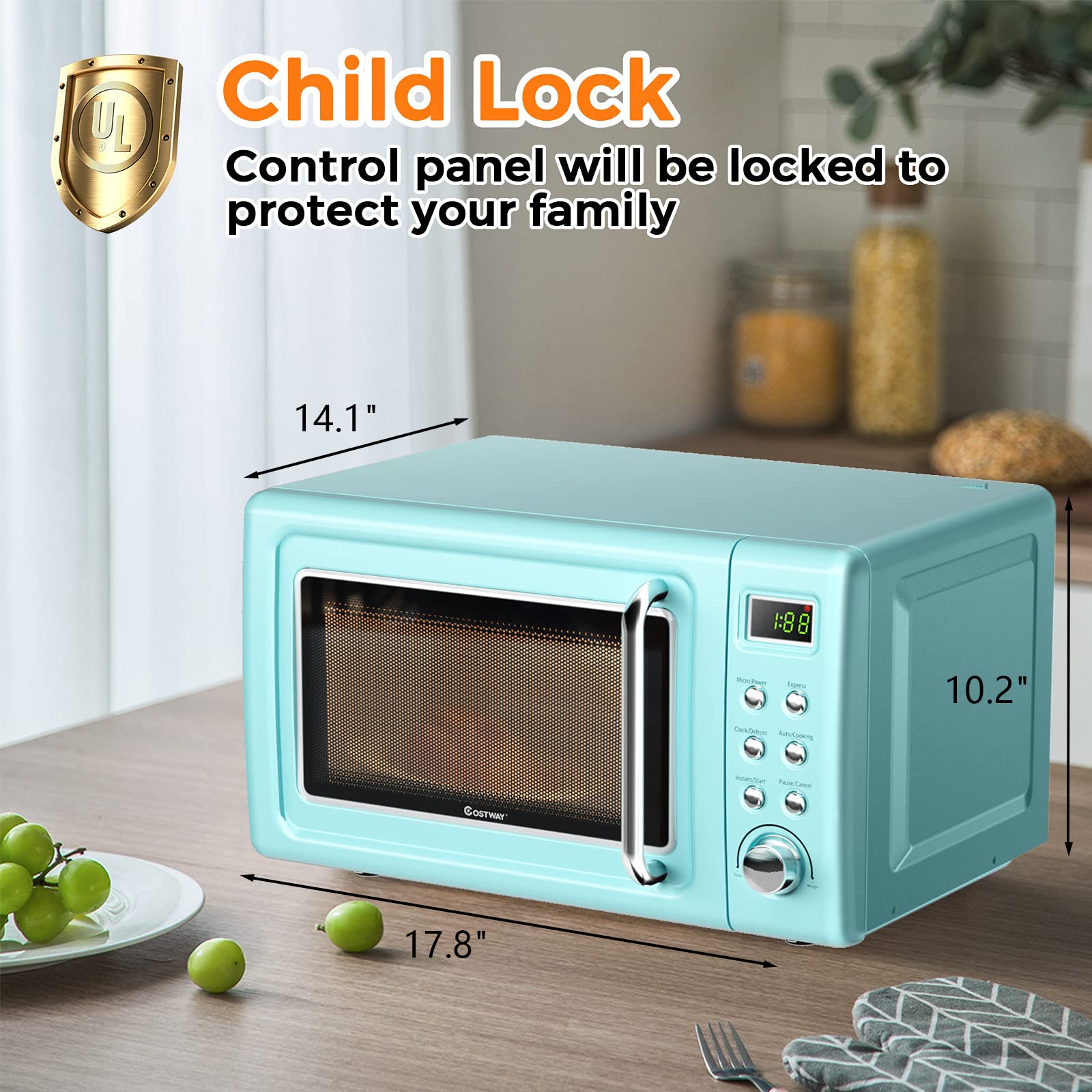 ARLIME 0.7Cu.ft 700W Small Countertop Microwave Oven with 5 Power Levels, Auto Cook & Defrost Functions, Stainless Steel Interior, LED Display - Retro Style Compact Microwave for Kitchen, Dorm, RV, Office & Small Spaces (Green)