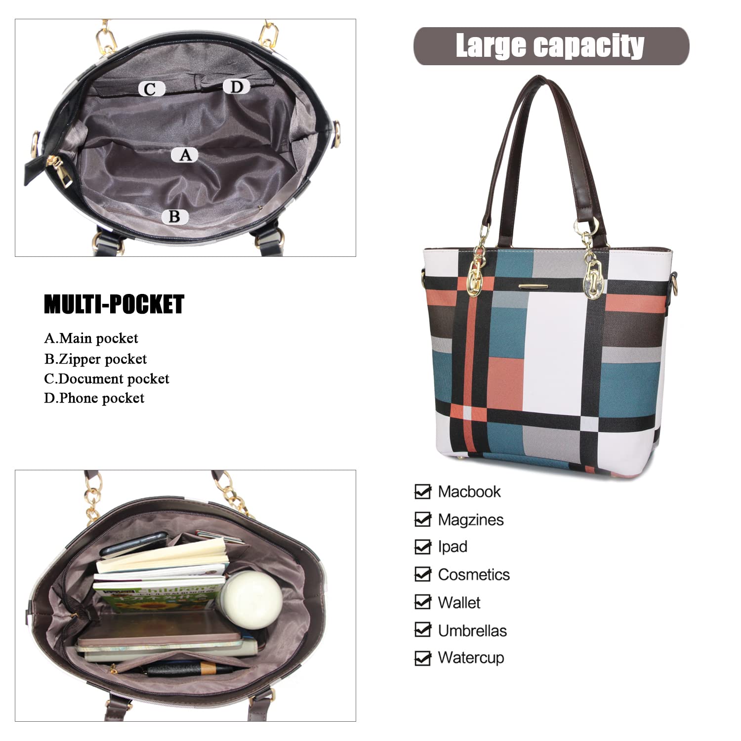 Women's Synthetic Leather Handbag Set - 6pcs Tote & Crossbody Bags for Work & Travel