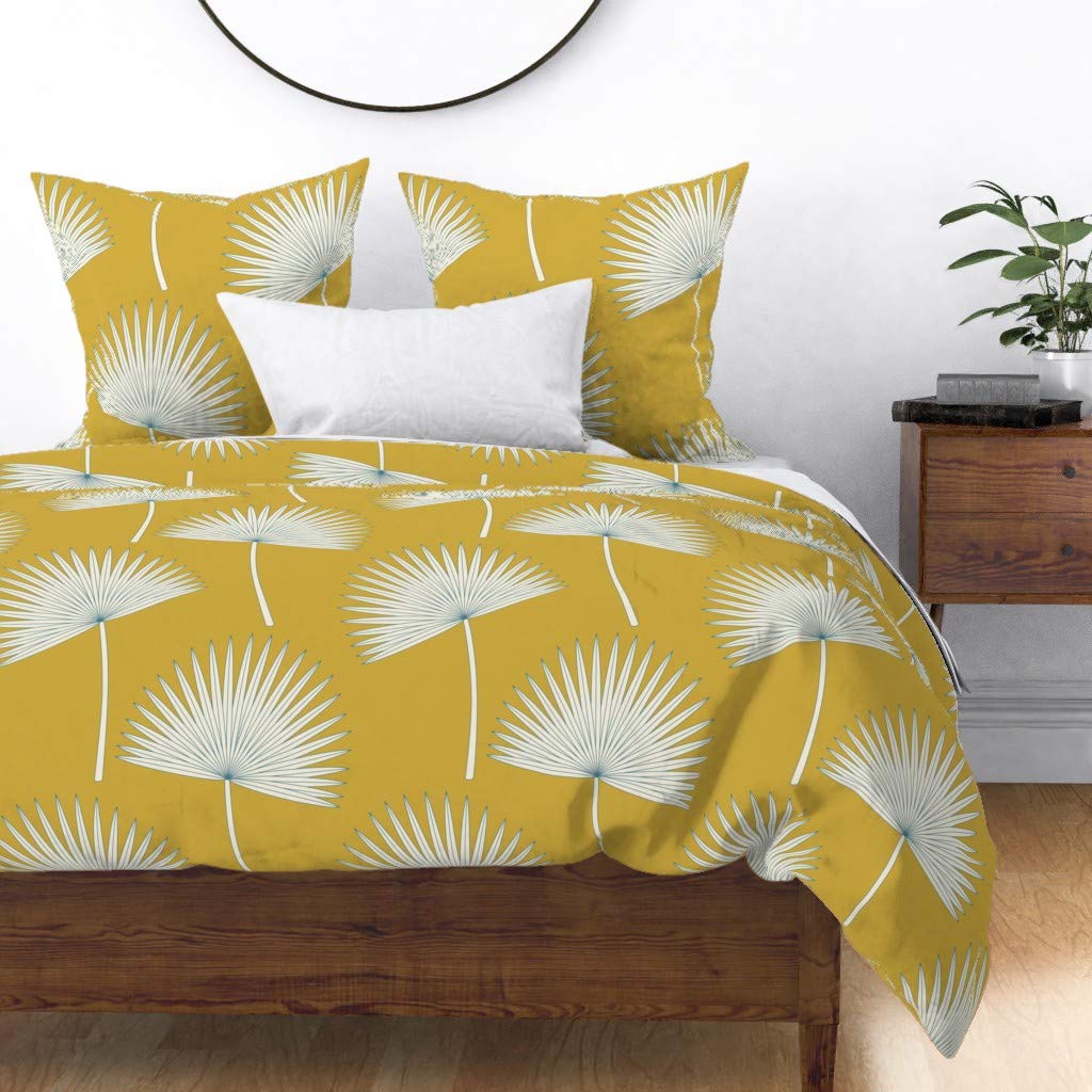 Boho Sunshine Palm Mustard Green Leaves Cotton Sateen Duvet Cover - Full/Queen Size Custom Printed Bedding for Bohemian & Tropical Bedroom Decor