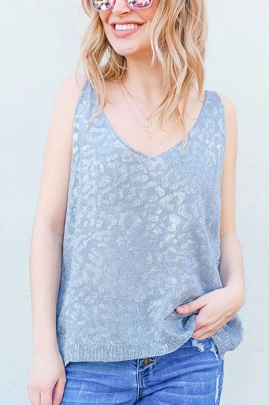 Stylish Leopard Foil Print Sleeveless Sweater Top for Women - Trendy Casual Wear for Parties, Dating & Night Out