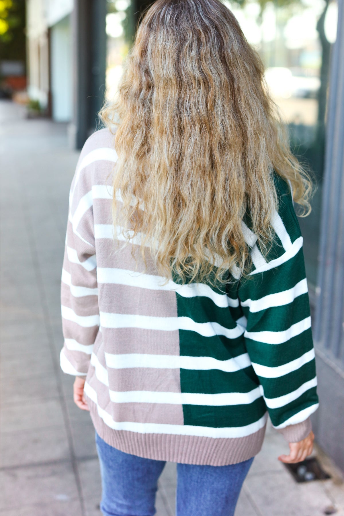 Hunter Green & Taupe Striped Color Block Sweater for Women | Cozy Knit Pullover | Fall Winter Fashion | Casual Office Wear & Weekend Outfits