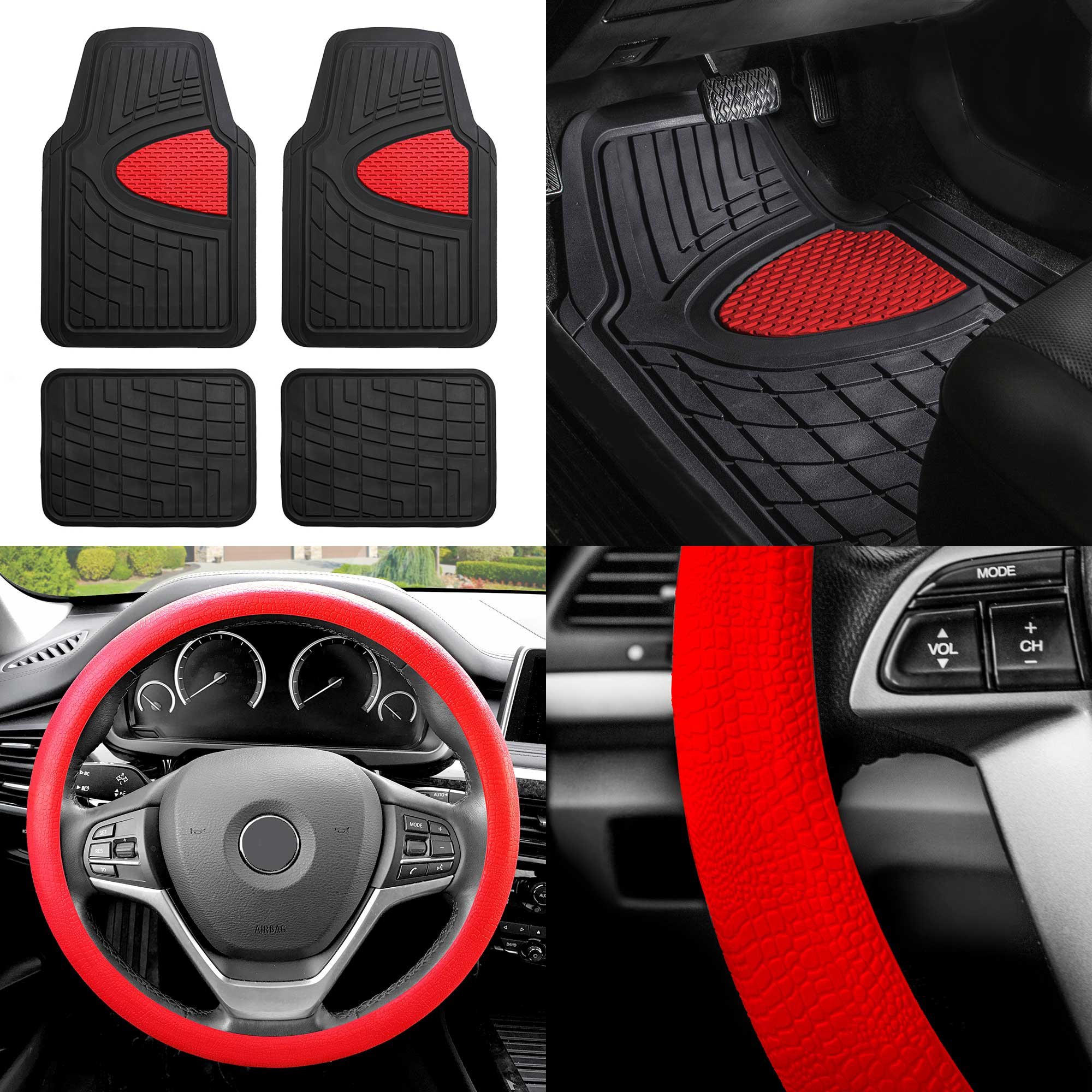 Premium FH GROUP Car Seat Covers & Floor Mats Set with Snake Pattern Steering Wheel Cover - Universal Fit for Trucks, SUVs, Vans (Red/Black) - Durable, Customizable Protection for Road Trips & Daily Commute