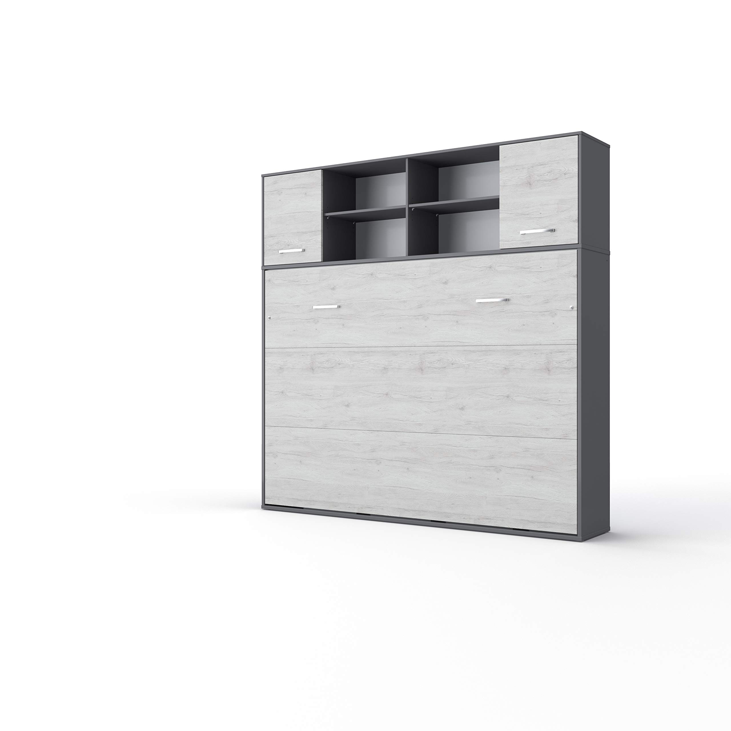 Horizontal Wall Bed with Mattress - European Queen Size Murphy Bed with Storage Cabinet (Grey/White Monaco) - Space Saving Solution for Small Apartments & Guest Rooms