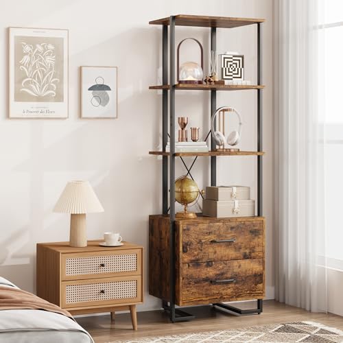 GARVEE 4 Tier Bookshelf with Storage Drawers - 70.9 Inch Tall Industrial Bookcase with Open Display Shelves & Metal Frame - Rustic Brown Book Shelf for Living Room, Bedroom, Office - Perfect for Organizing Books, Decor & Storage Needs