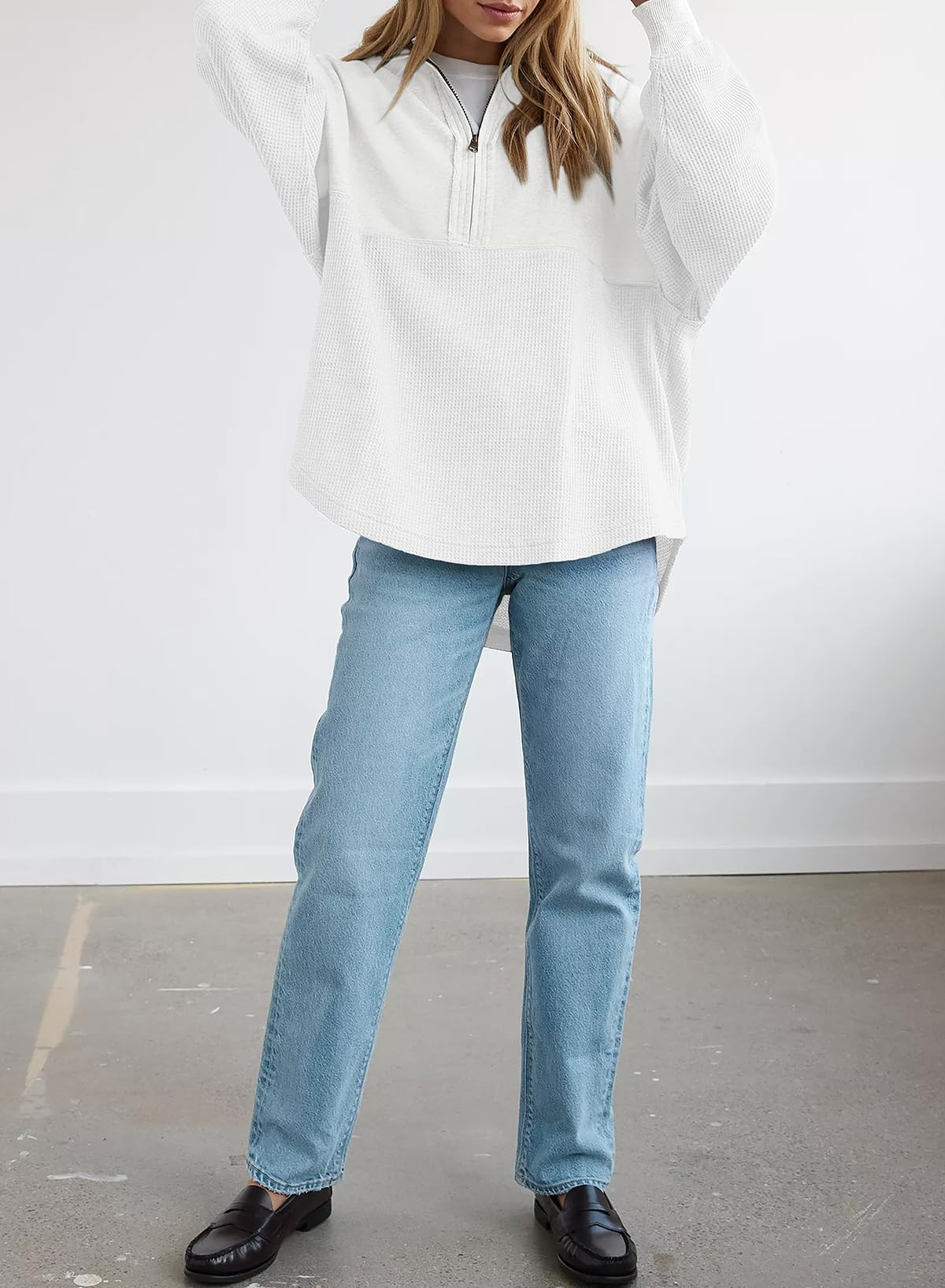 SHEWIN Women's Casual Waffle Knit Half Zip Pullover Sweatshirt - Loose Fit Long Sleeve Top for Fall & Winter 2024 | Cozy Outfit for Work, Travel & Everyday Wear