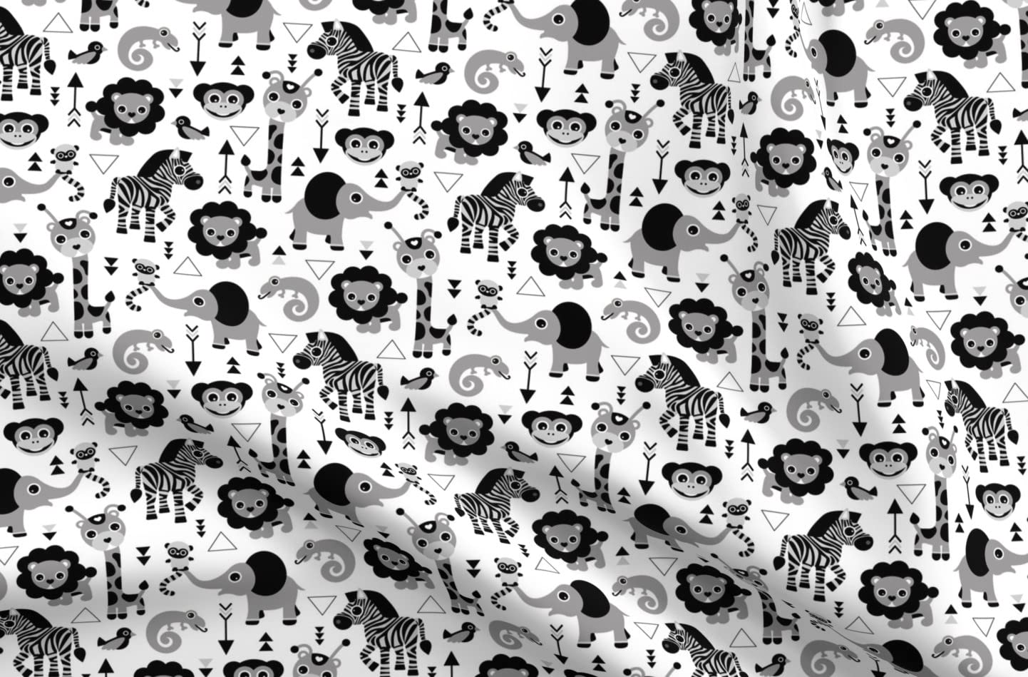 Geometric Jungle Zoo Safari Animal Print Denim Fabric by The Yard - Black White Gray Monkey Design for Kids Clothing, Home Decor & Upholstery | Perfect for DIY Apparel, Curtains & Throw Pillows