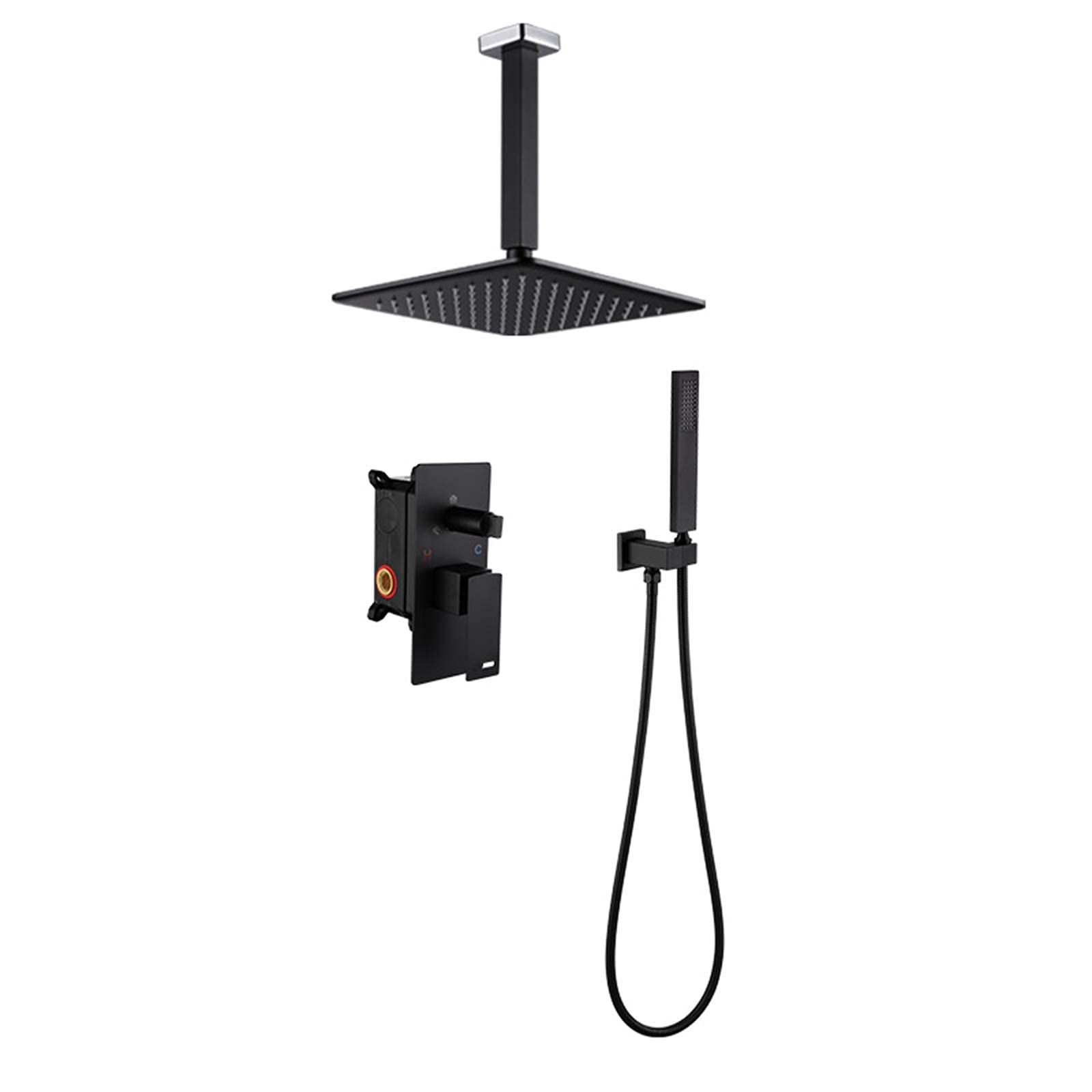Premium Black Ceiling Mounted Concealed Rain Mixer Shower Combo Set - 10 Inch Square Rainfall Shower Head with Handheld Spray & Embedded Box - Modern Bathroom Faucet System for Luxurious Spa Experience at Home