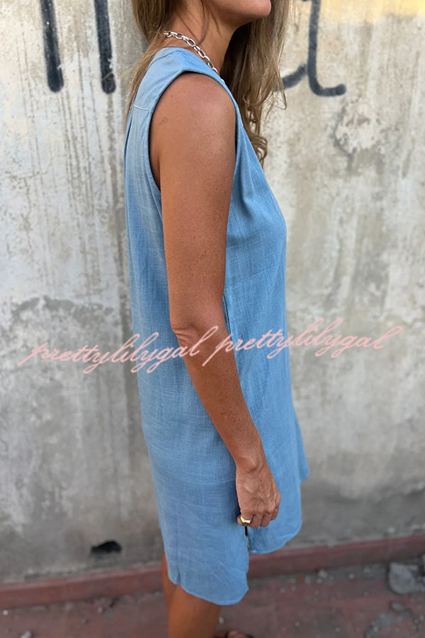 Solid Color Sleeveless V-Neck Casual Pocket Mini Dress for Women - Summer Beach Party, Date Night & Vacation Outfit