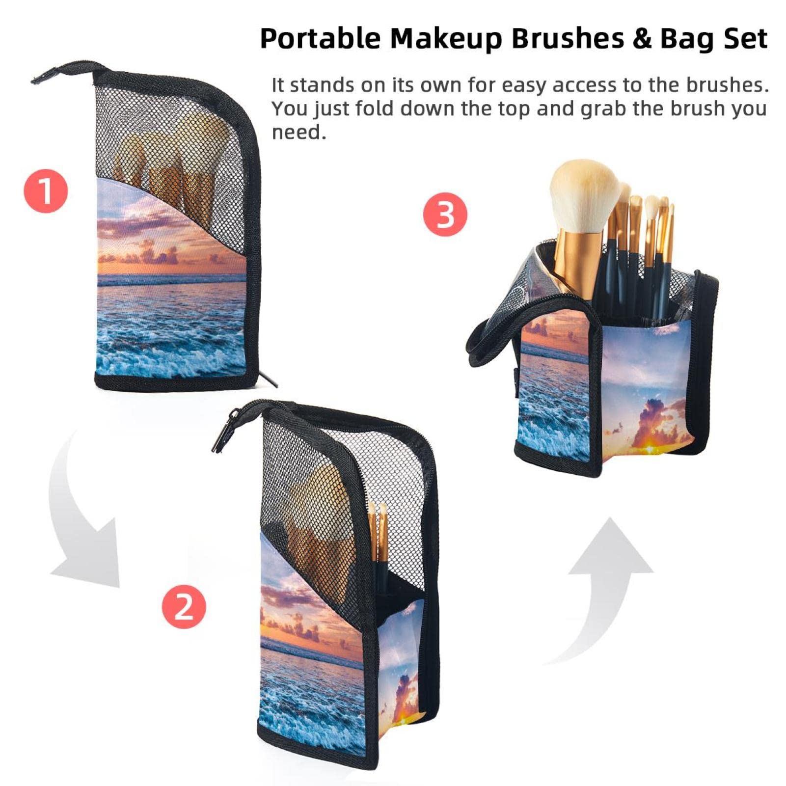 12-Piece Makeup Brush Organizer Bag - Sunrise Beach Blue Sky Design, Portable Cosmetic Brush Holder Case for Travel & Home Storage