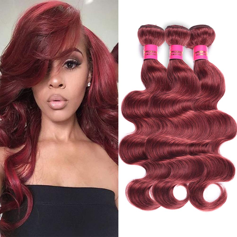 WOME Peruvian Virgin Human Hair Bundles - 3 Bundles Body Wave 8A Hair Extensions in Wine Red (#33) for Styling & Volume - 14