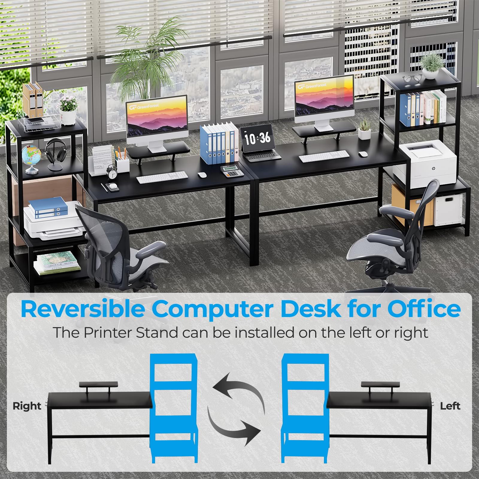 GreenForest 67-inch Computer Desk with Printer Shelf & Monitor Stand - Reversible Office Desk with 2 Hooks - Sturdy Home Workstation for Study, Writing, Working & Gaming (Black) - Perfect for Home Office, Dorm Room & Small Spaces