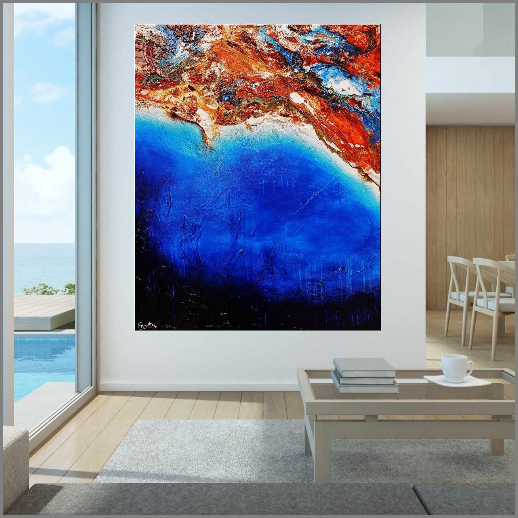 Coastal Silk 120cm x 150cm Blue Orange Textured Abstract Canvas Art - Modern Wall Decor for Living Room, Bedroom & Office