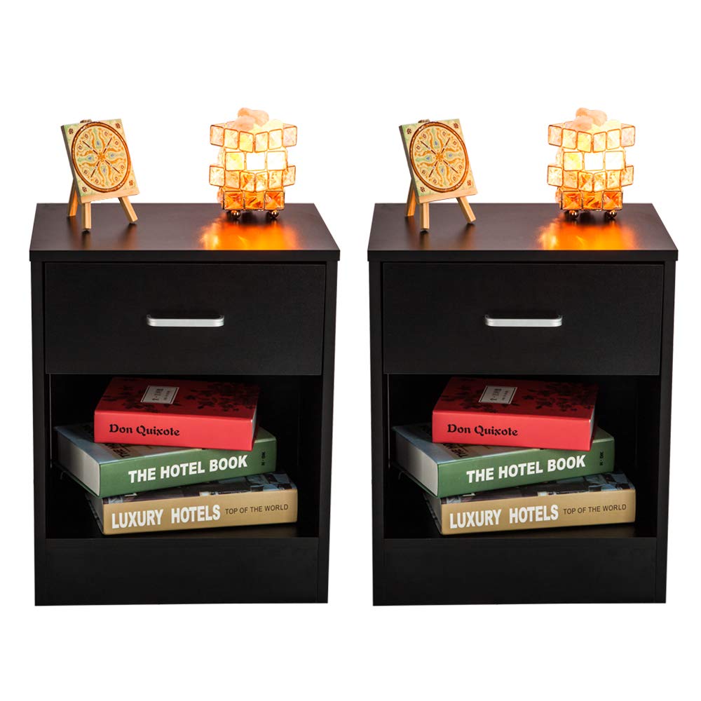 POCREATION Black Night Stands Set of 2 with Drawer - 15.8