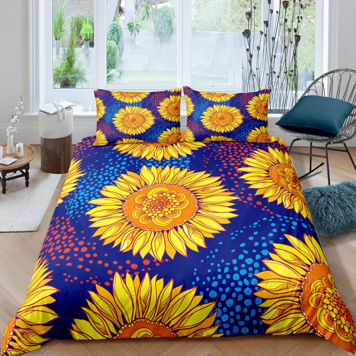 Boho Sunflower Comforter Cover Set - Bohemian Floral Printed Duvet Cover with Mandala Design for Women & Girls Bedroom, Twin Size 2Pcs - Perfect for Bohemian, Ethnic & Vintage Themed Bedrooms