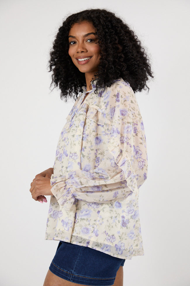 Purple Oversized Floral Blouse with Ruffle Detail - Women's Fashion Popover Top for Casual & Office Wear - Final Sale