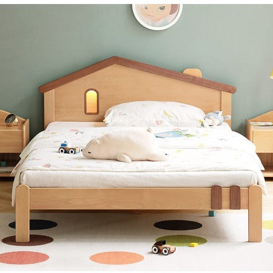 Kids Wooden Bed with Night Light - Beech & Poplar Little House Design with 15-Minute Auto Light Off - Perfect for Bedrooms, Playrooms & Cozy Sleep Spaces