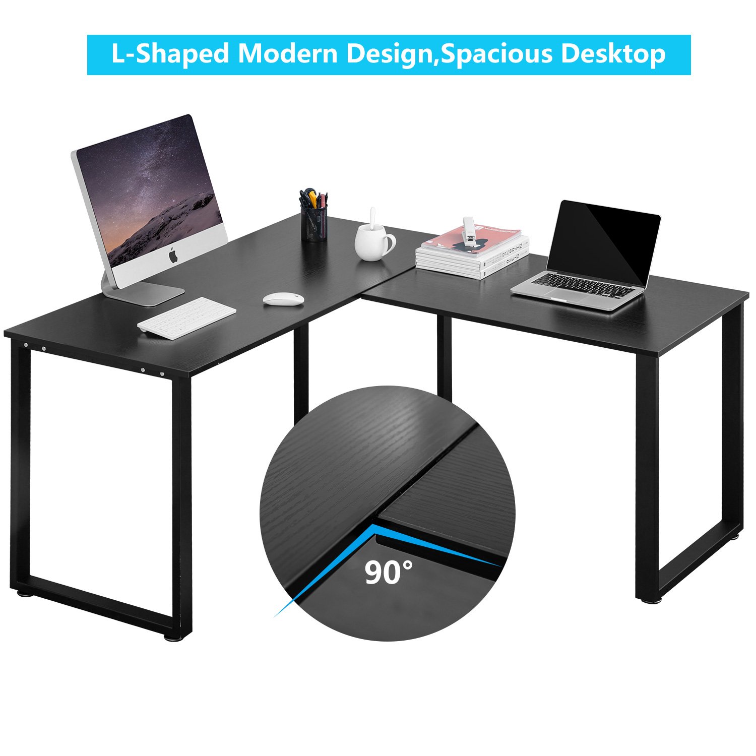 Modern L Shaped Desk Computer Corner Desk - Home Office Study Writing Workstation & Gaming Table with Wood & Steel Frame (Black) - Perfect for Small Spaces, Work from Home, and PC Gaming Setup