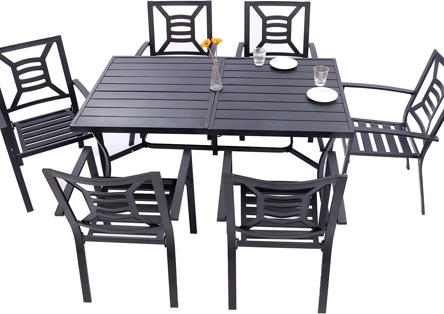 FREESKY 7-Piece Outdoor Patio Dining Set - Durable Metal Rectangle Table with Umbrella Hole & 6 Stackable Chairs - Perfect for Backyard, Garden, Poolside and BBQ Gatherings